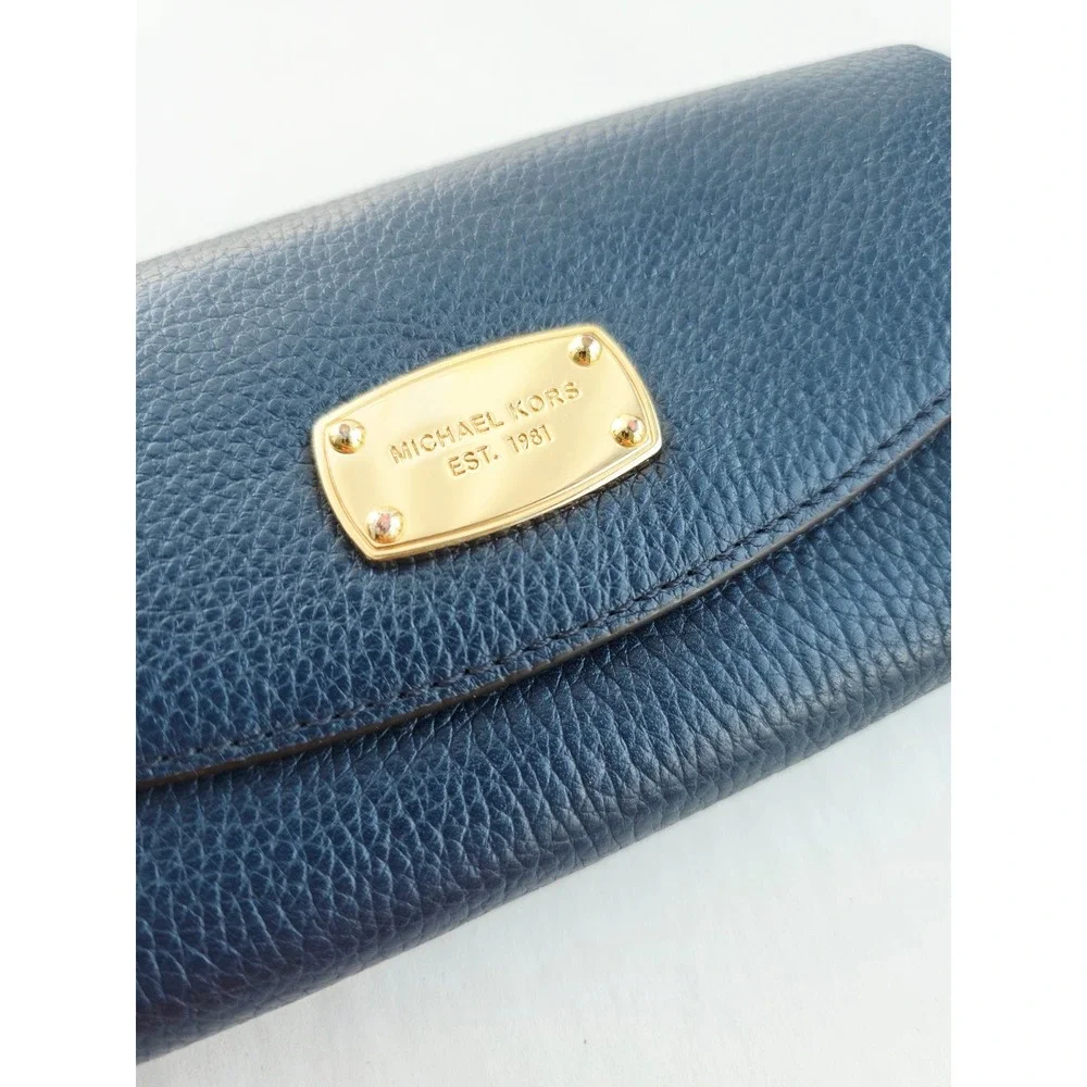 Michael Kors Navy Blue Pebbled Leather Jet Set Wallet 35T3GJSE7L Gold Hardware
